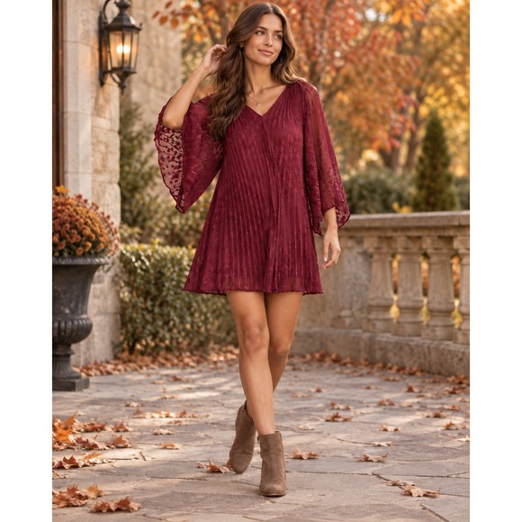 Anthropologie Dresses & Skirts - by Anthropologie Toulon Pleated Mini Dress Boho Burgundy Maroon XS Fall Autumn
